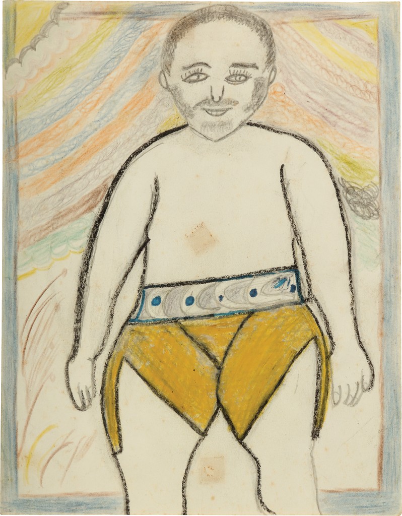 Drawing of a front-facing bearded figure outlined in black, wearing bright yellow shorts that get shorter toward the outside of the leg, against a light, sunny background. The figure is bare-chested and wears an ornate belt accented with blue dots.